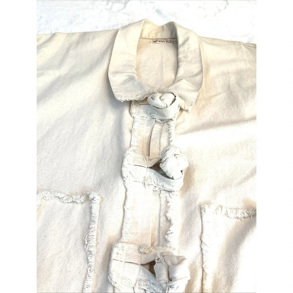 Vtg 70s Handmade Raw Edge Canvas Jacket Men Women Unlined Toggle Oversized Boho